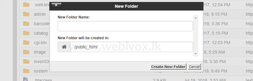 add new folder in filemanager popup